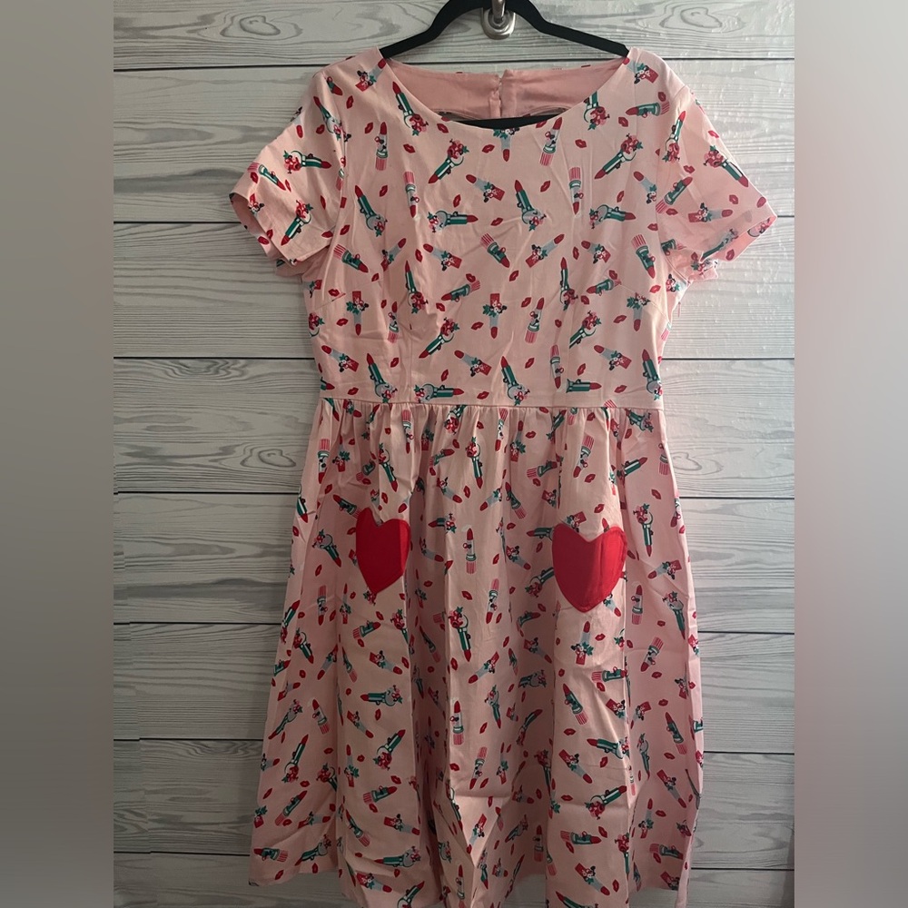Lindy Bop Pink Heart Pocket Retro Lipstick Print Dress